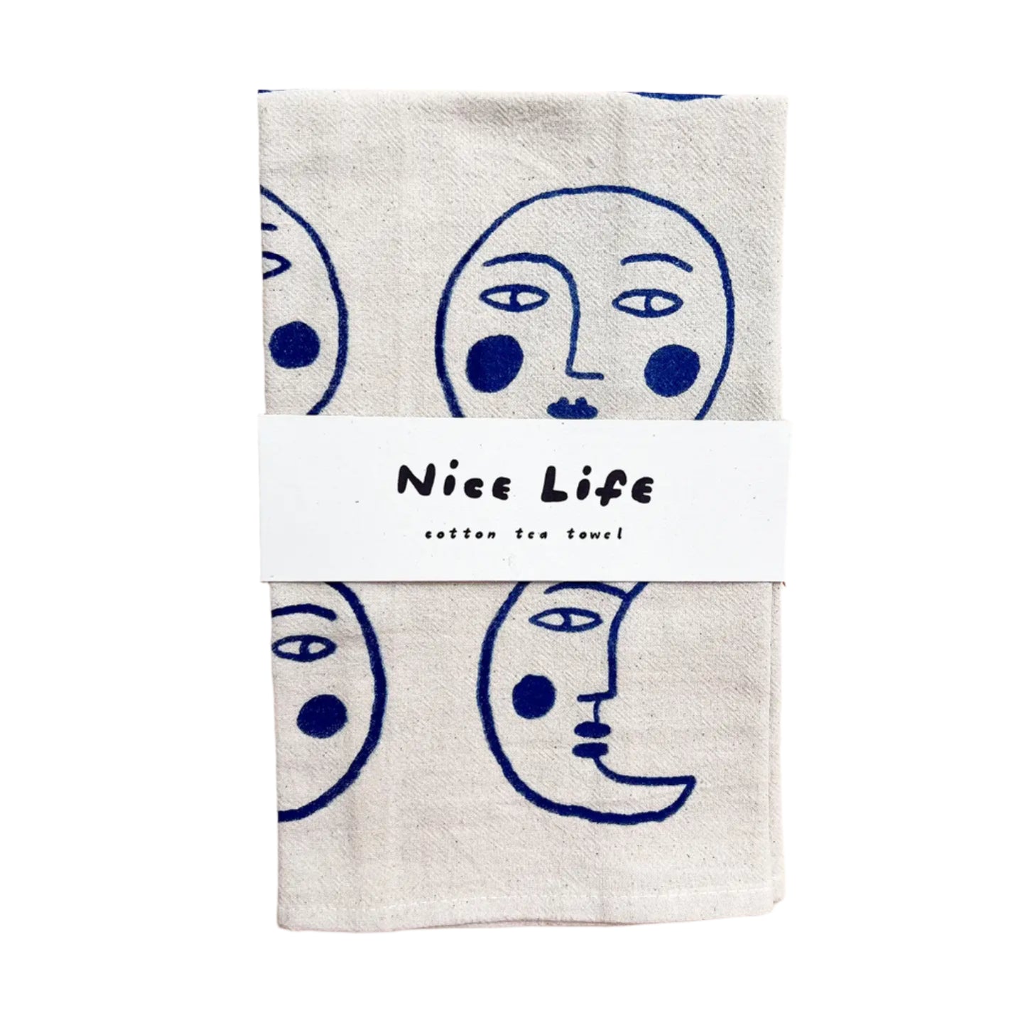 Two cotton tea towels with face designs on a wooden surface, branded 'Nice Life'.