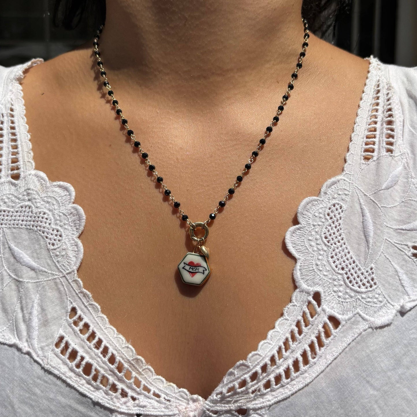 “Mom” Tattoo Style Heart Charm