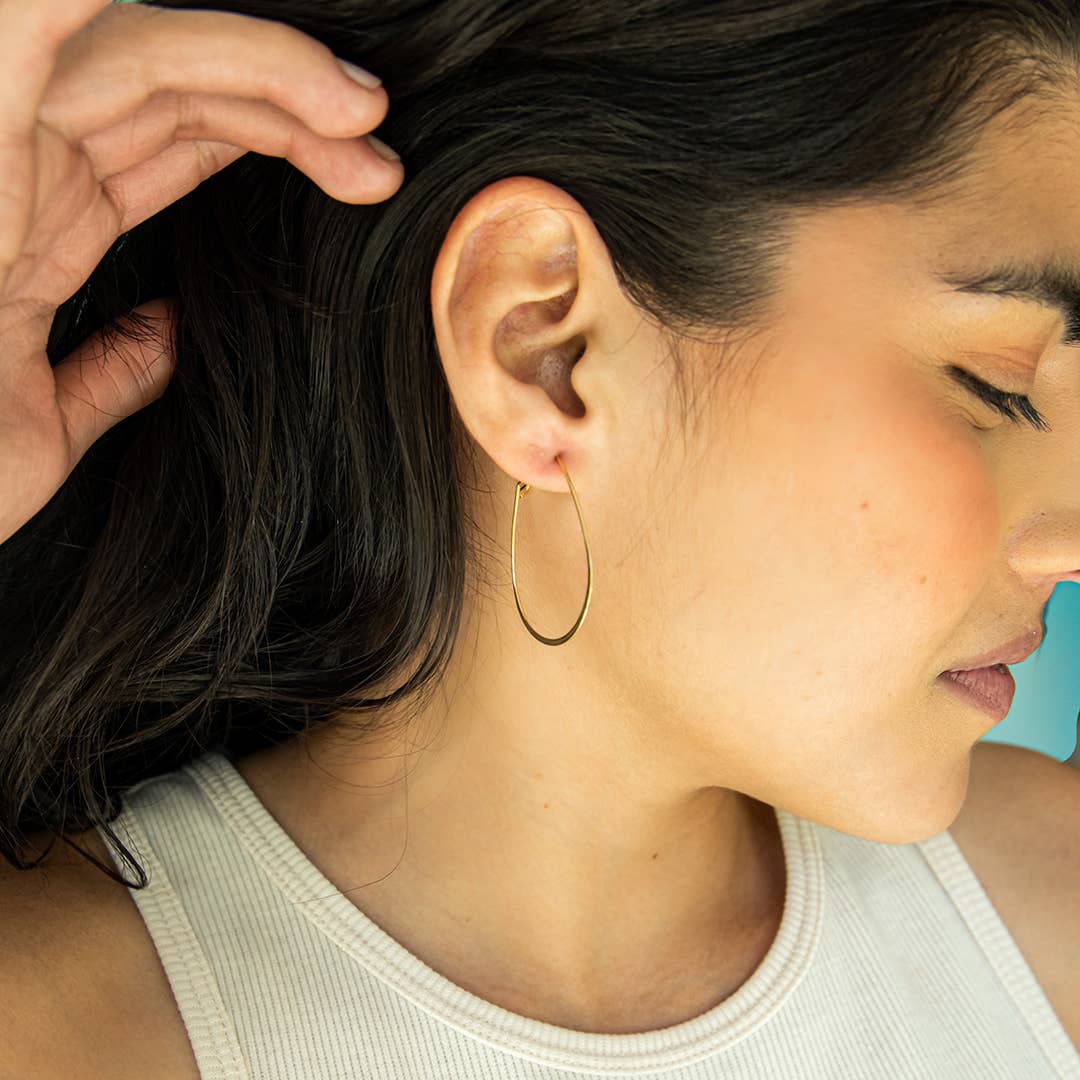 Gold Ovoid Shape Wire Hoop Earrings