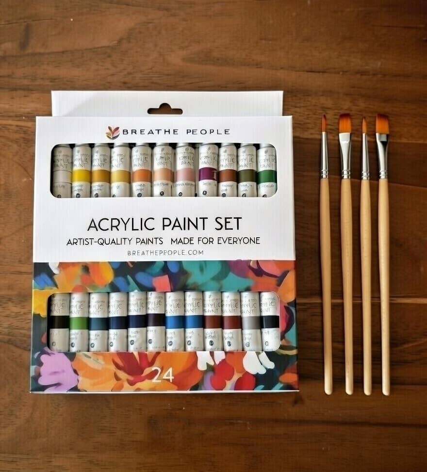 24 Color Acrylic Paint Set + Brushes