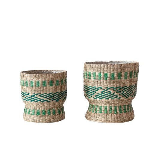 Lined Green Stripe Seagrass Basket